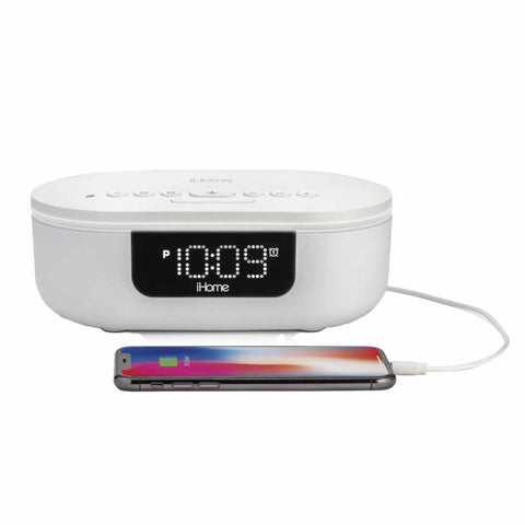 iHome iUVBTW1W 360°UV-C Sanitizer w/ Bluetooth, Wireless Charging and USB Charging - White