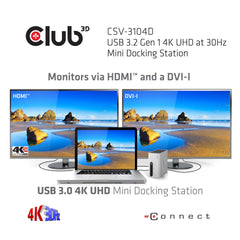 Club3D CSV-3104D USB 3.1 Gen 1 4K UHD Mini Docking Station - Silver