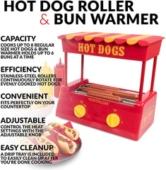 Nostalgia HDR8RY Hot Dog Roller & Bun Warmer 8 Hot Dog and 6 Bun Capacity