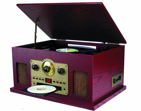 Sylvania SRCD838 5-in-1 Nostalgic Turntable with CD, Cassette, Radio, Aux-In