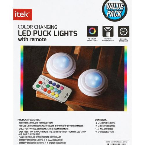 iTek CCPL121351 LED Wireless Color Changing Puck Lights With Remote 2-Pack