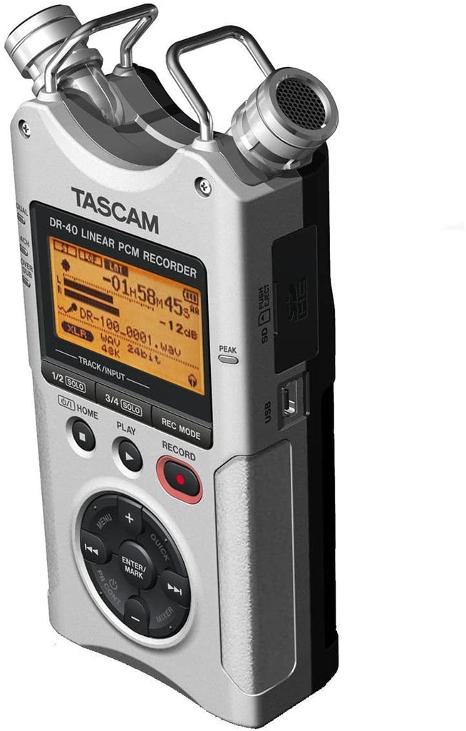 Tascam DR40-SLV Handheld 4-Channel 96kHz/24-bit Digital Recorder w/ XLR Inputs & Adjustable Mics - Silver