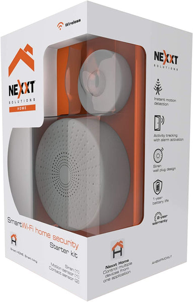 Nexxt AHBWPMO4U1 Smart Home Indoor WiFi Starter Kit w/ Siren,  Motion & Contact Opening Sensors
