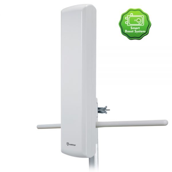 Antop SBS-802 HD Smart Panel HDTV & FM Outdoor Amplified Antenna With Smart Boost System, 85 mile Range - White