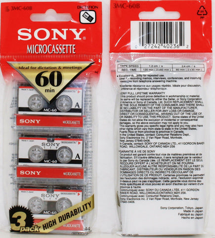 3 Pack SONY MC60 3MC-60B Microcassette Blank Audio Tapes